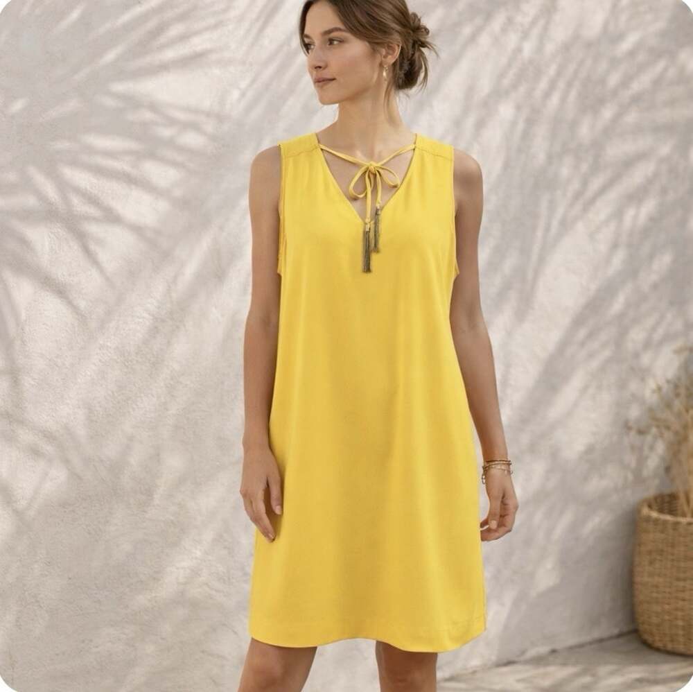 Trina Turk Yellow Shift Dress Size 14 Sleeveless Tassel Tie Back Resort Summer